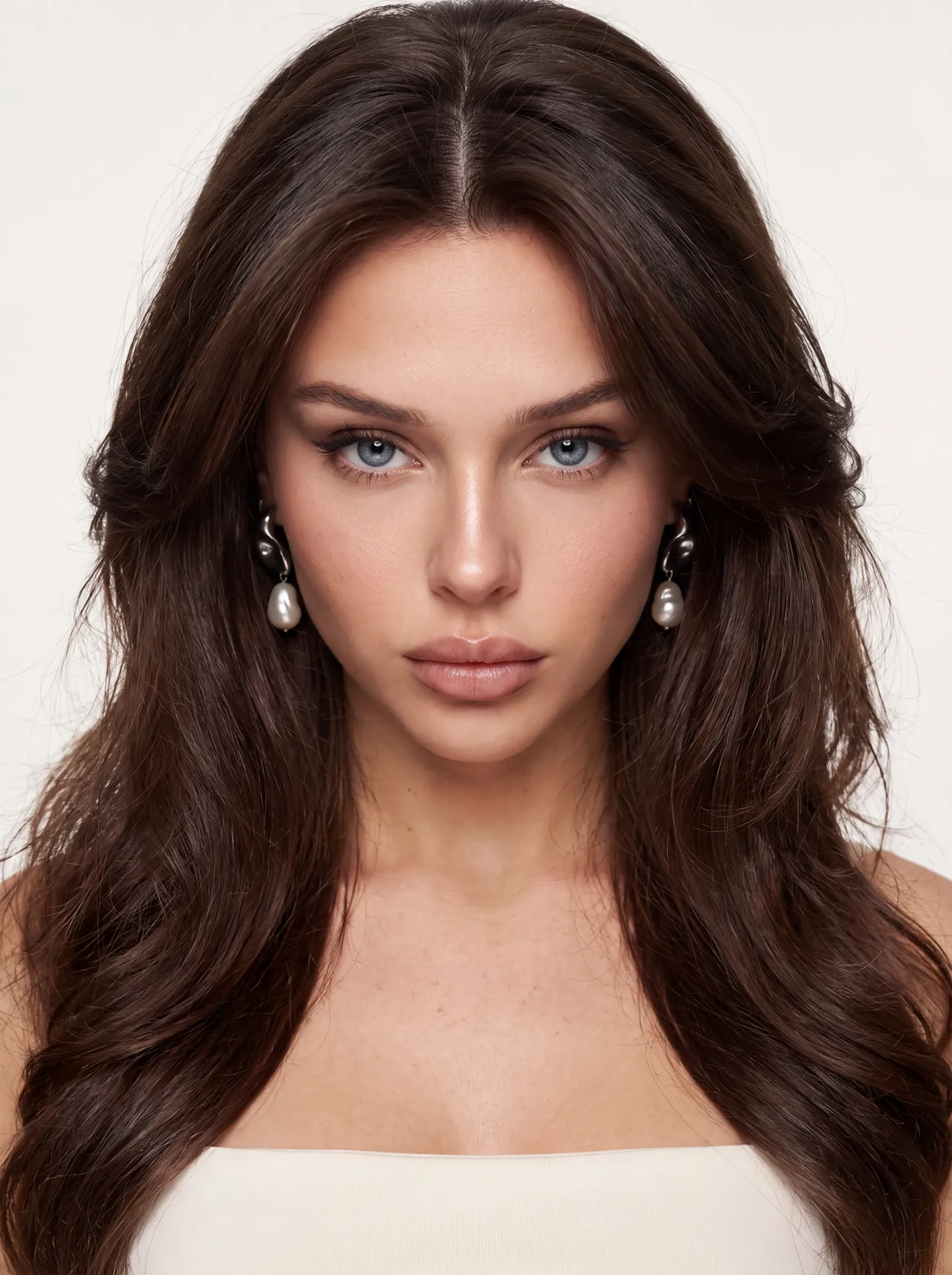 Ritratto beauty frontale con capelli lunghi mossi e orecchini di perle barocche